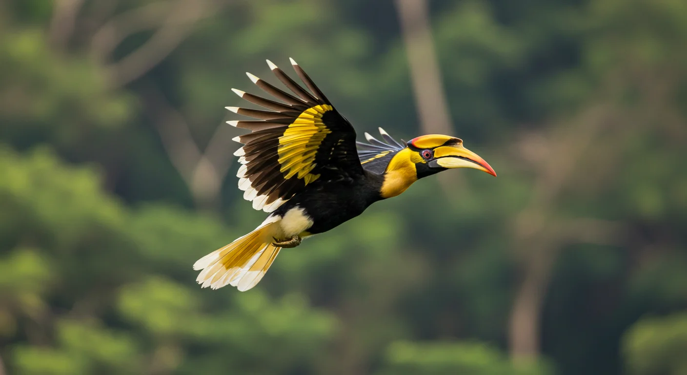 Great Hornbill in Majestic Flight Against Forest Canopy