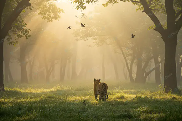 Serene Dawn: Tiger's Forest Journey