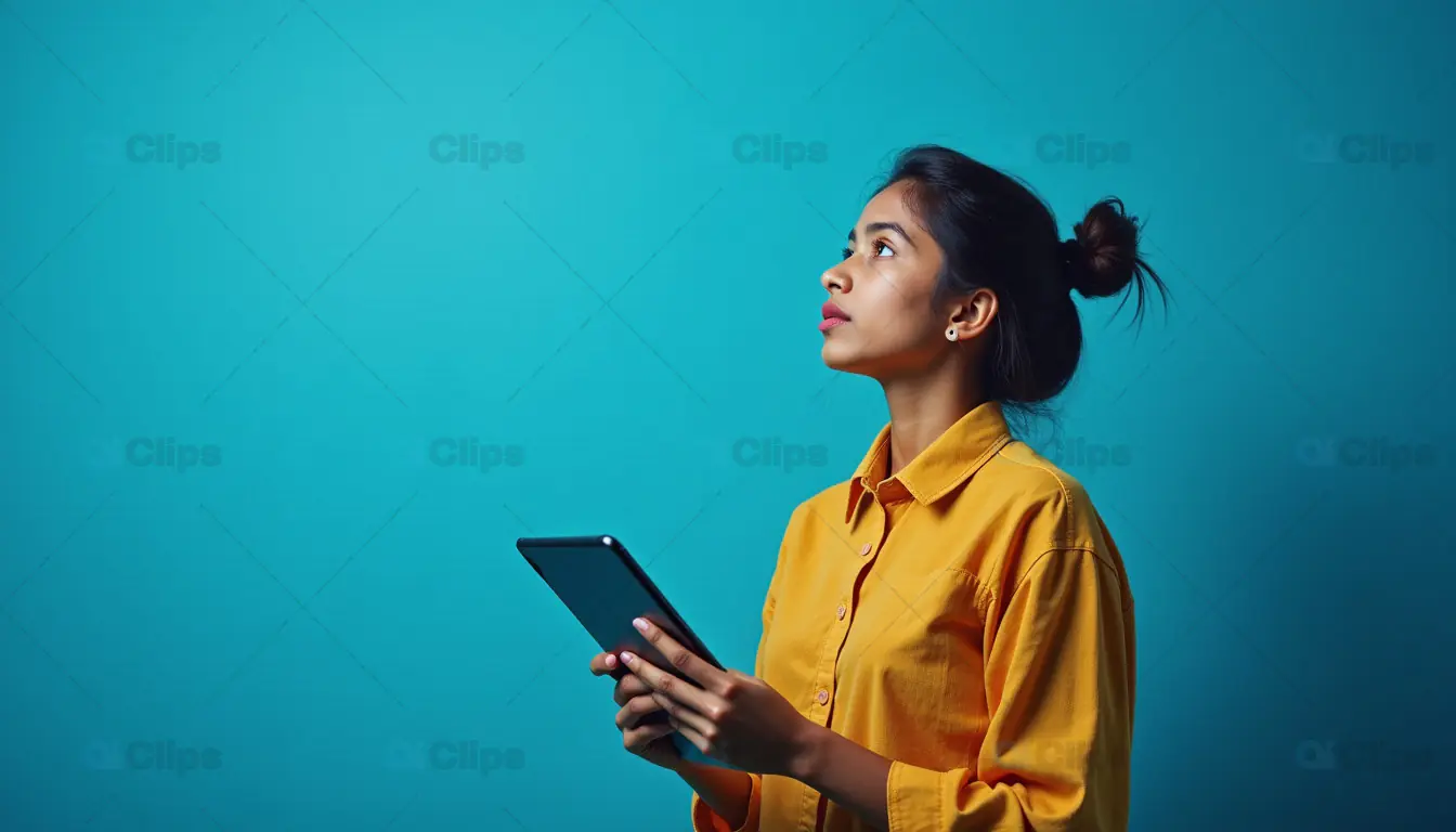 Young Woman Holding Tablet Against Teal Background