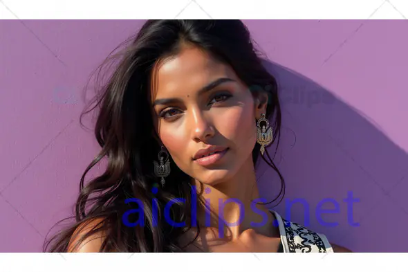 Elegant Woman with Statement Earrings Against Purple Wall