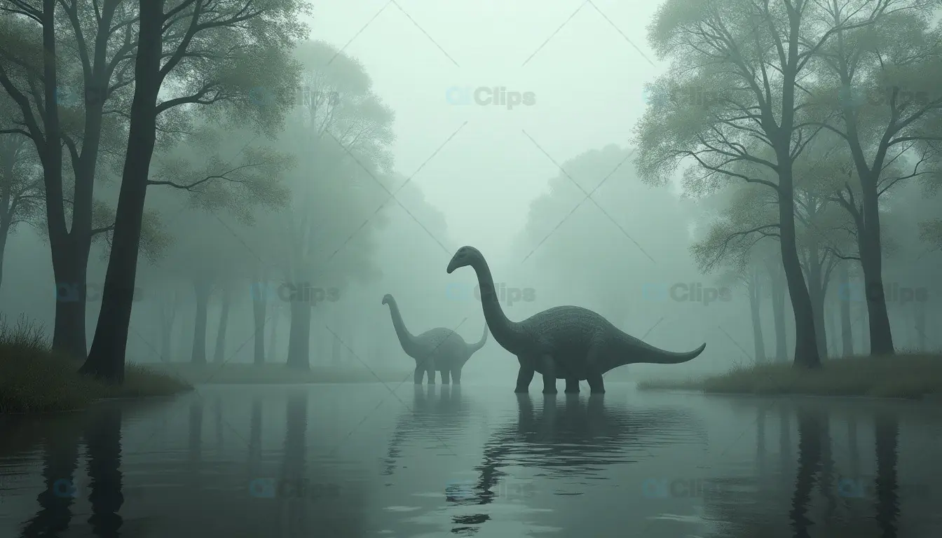 Dinosaurs Walking Through a Misty Prehistoric Forest