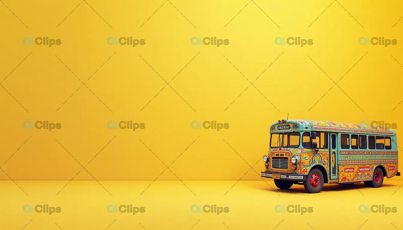 Vibrant Vintage Indian Bus on Yellow Background