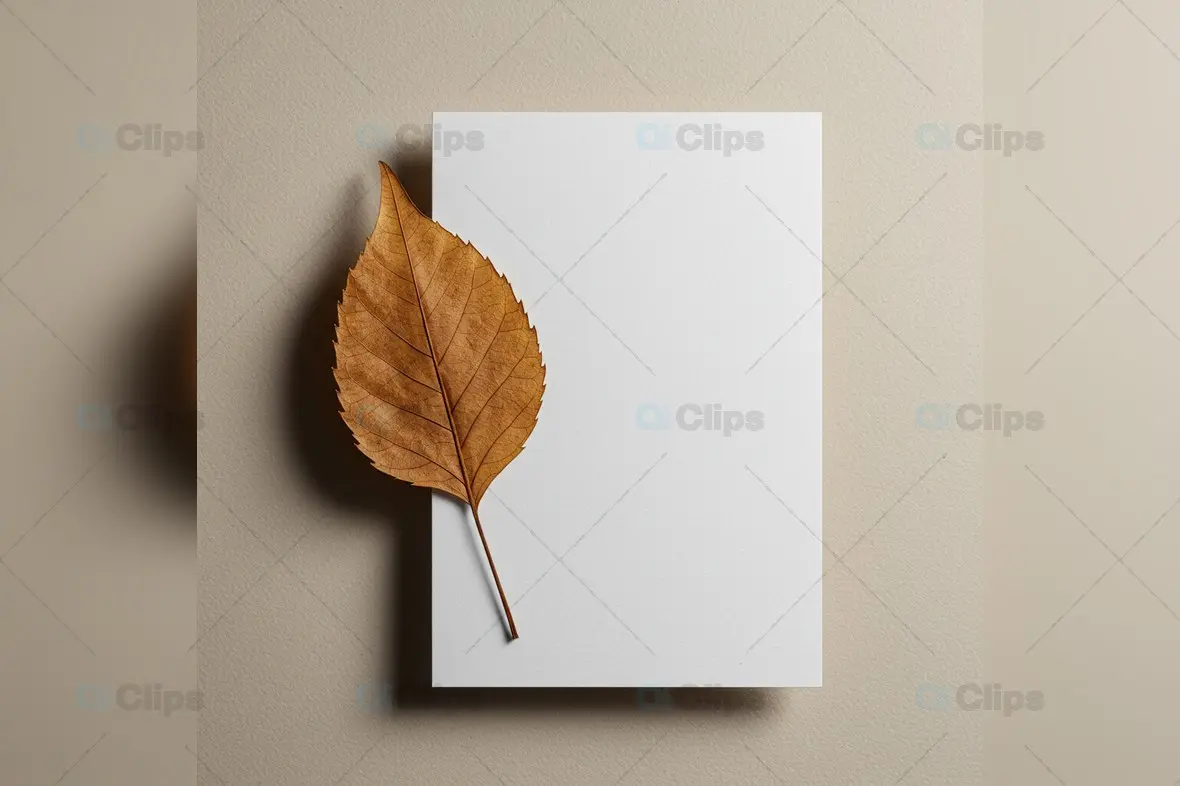 Minimalist Mockup with White Card and Dried Leaf