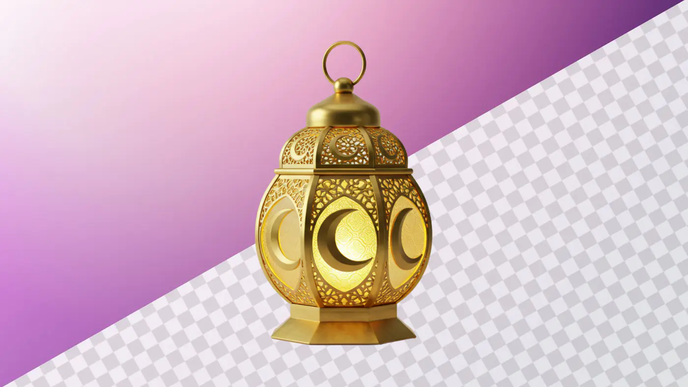 Golden ornate Ramadan lantern with crescent moon design