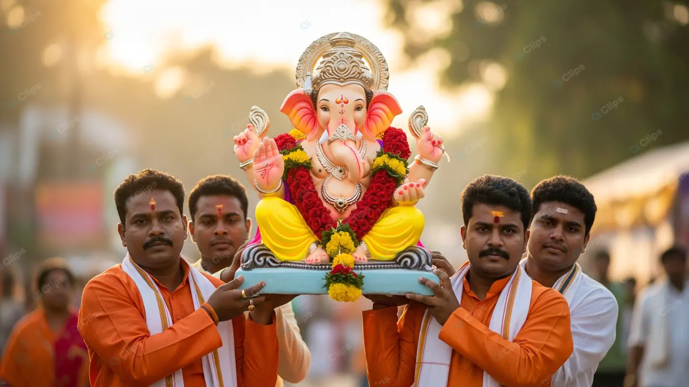 Vibrant Ganesha Idol Carried in Procession
