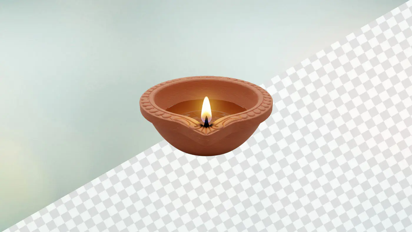 Terracotta diya lamp with glowing flame 3D model