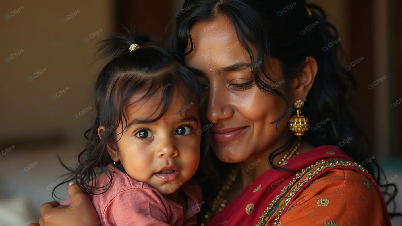 Tender Embrace: Mother and Daughter in Traditional Attire