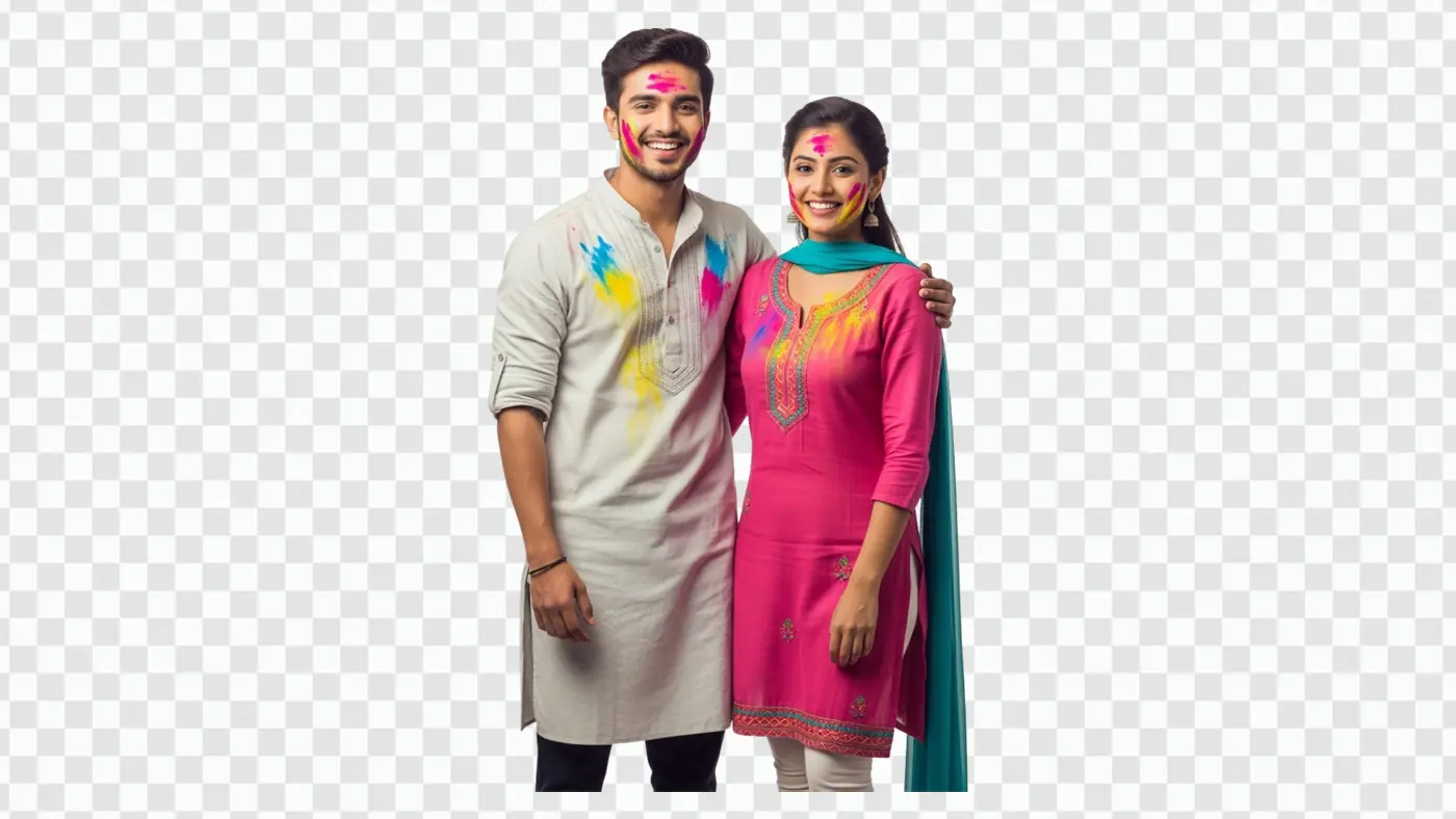Happy Young Indian Couple Celebrating Holi Festival PNG Clipart