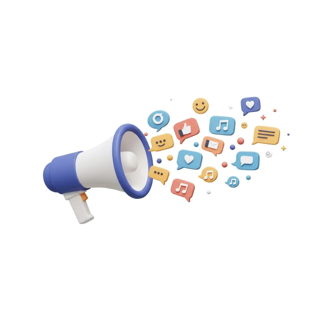 Megaphone broadcasting social media icons and emojis