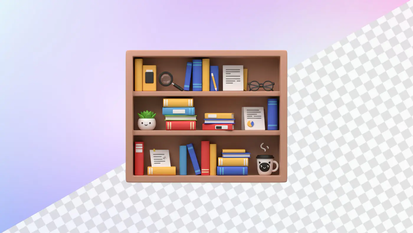 Wooden bookshelf with colorful books and office items