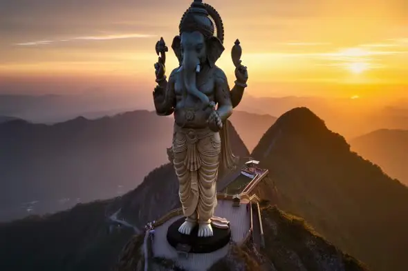 Majestic Ganesha Statue Overlooking Scenic Mountain Sunset