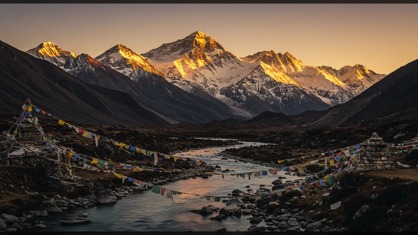 Sunrise over Himalayan Peaks with Prayer Flags by the River