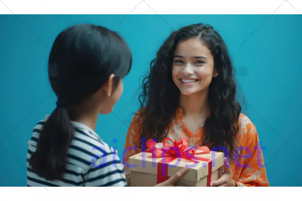 Girl Giving Gift to Friend with Smile