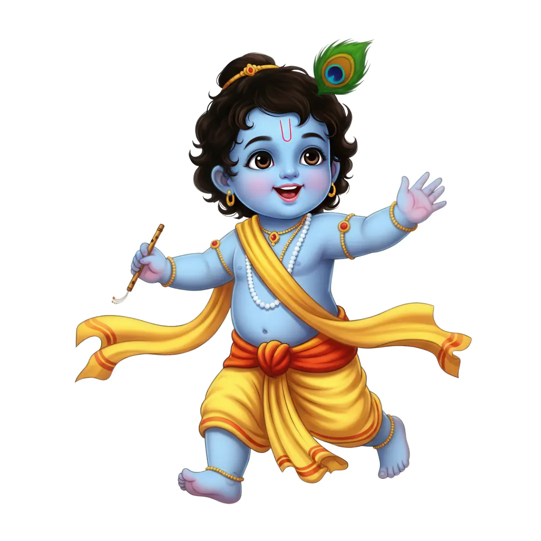 Playful baby Krishna dancing with peacock feather PNG