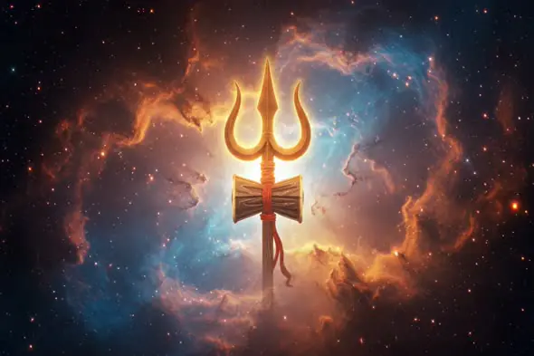 Divine Trishul Animation with Damru in Cosmic Space Backdrop