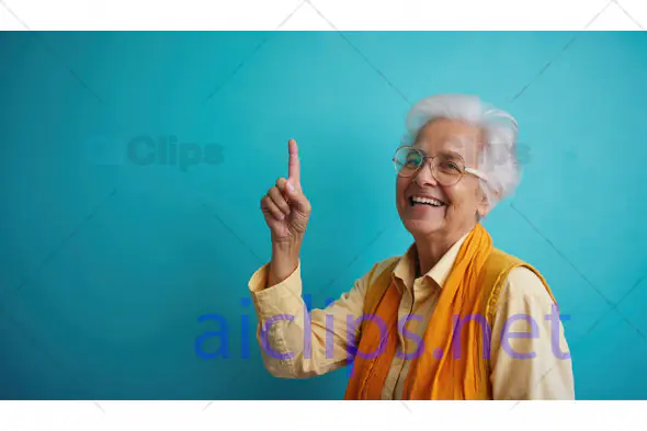 Smiling Elderly Woman Pointing Upwards on Blue Background