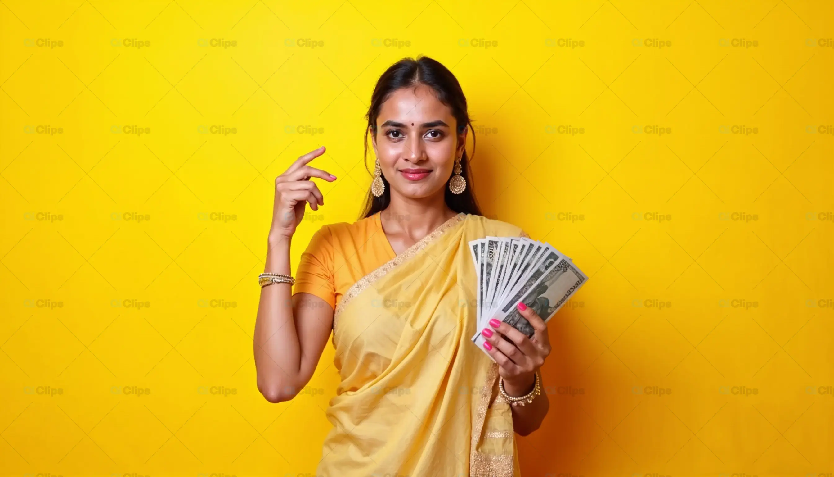 Woman Holding Money in Traditional Saree
