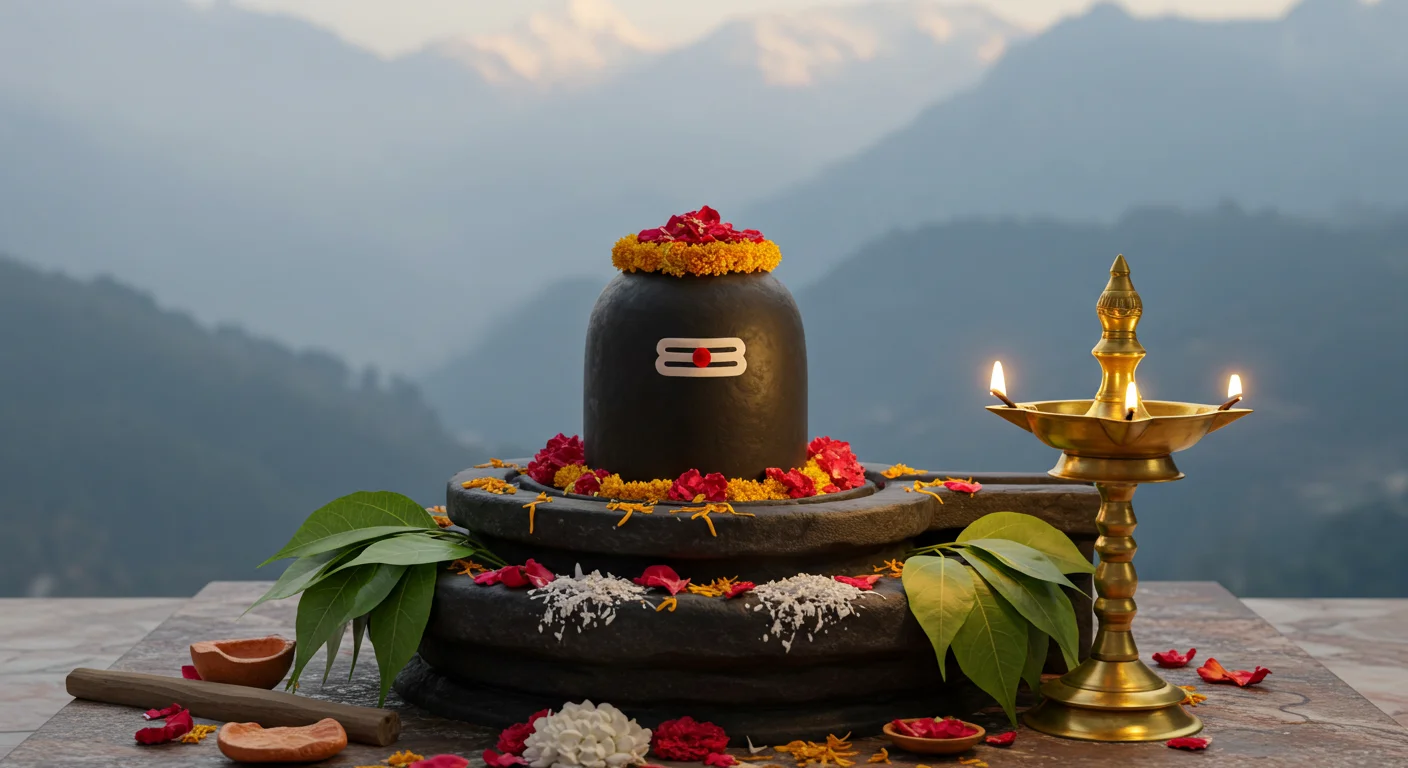 Sacred Shiva Lingam Worship with Himalaya Backdrop | AIClips Indian Spiritual Stock