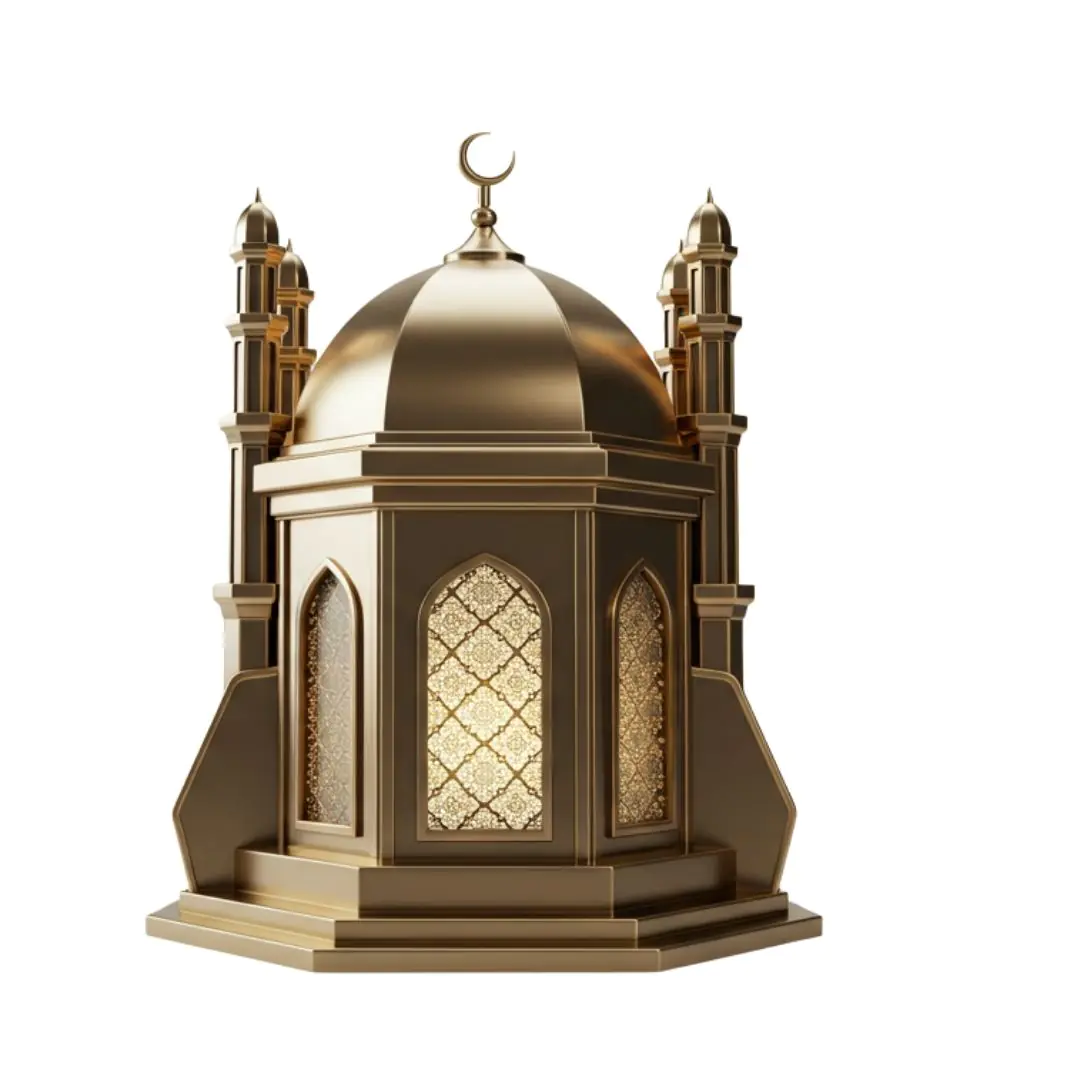Golden Islamic lantern with ornate dome and minarets