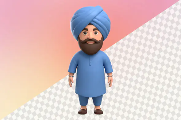 3D Sikh man avatar blue turban traditional outfit