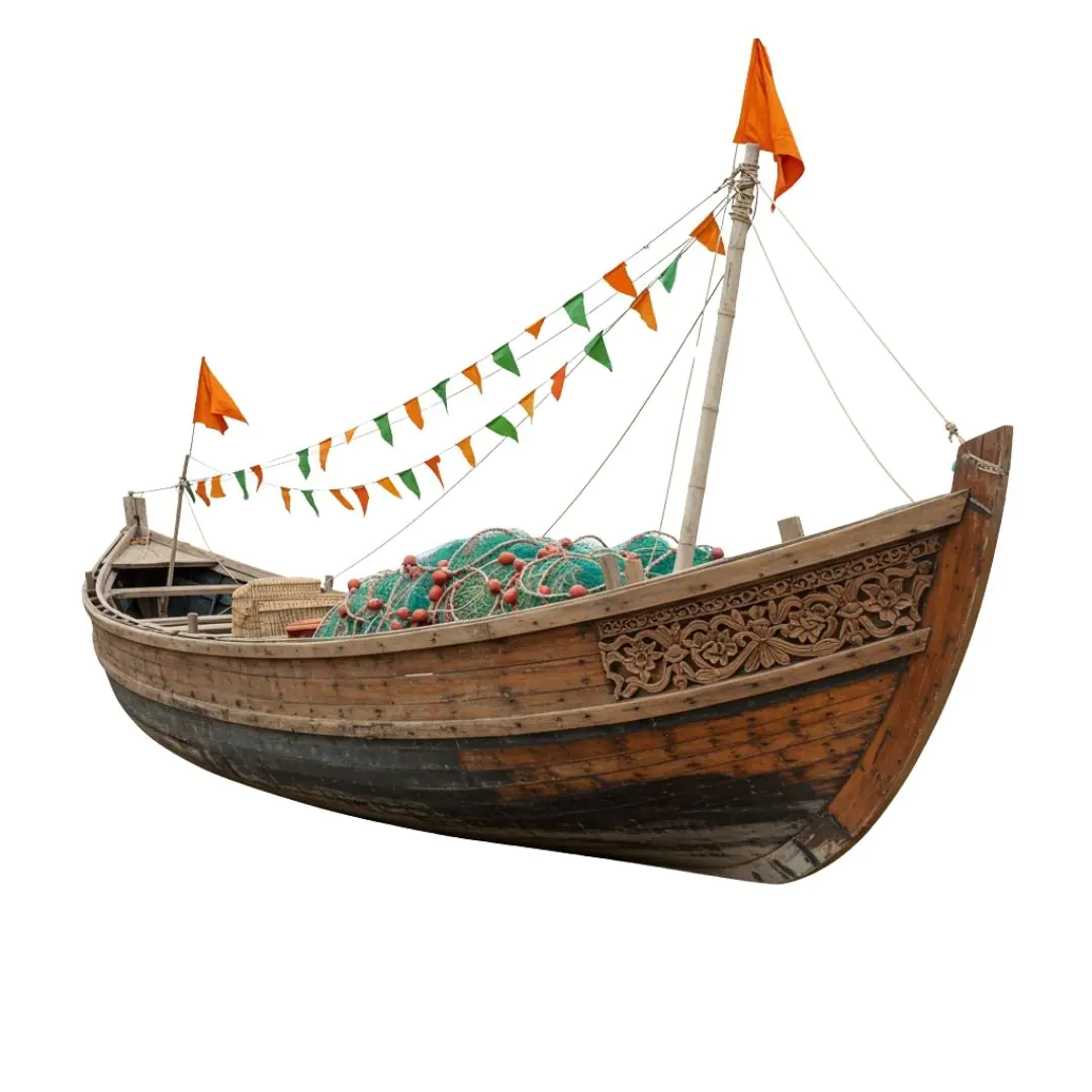 Traditional Wooden Fishing Boat Decorated Flags PNG