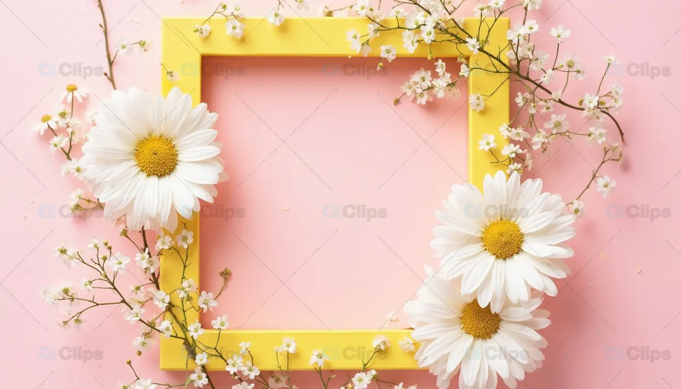 Yellow Frame with Daisies on Pink Background