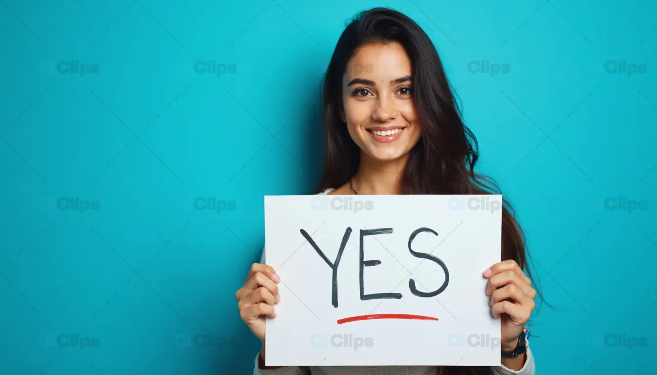 Woman Smiling Holding "Yes" Sign