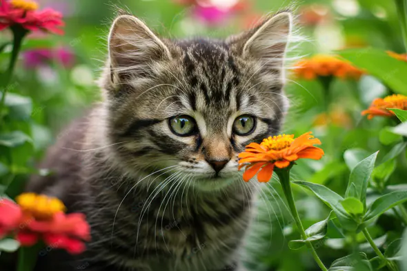 Adorable Kitten in Colorful Garden