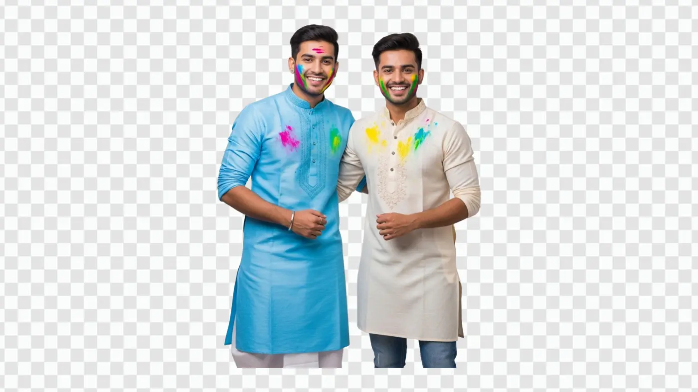 Two Happy Indian Men in Kurtas for Holi PNG