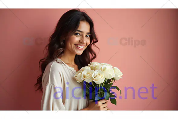 Woman Smiling with White Roses