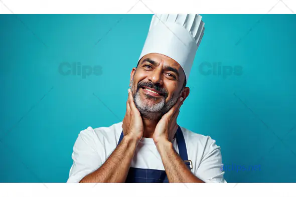 Smiling Chef in White Hat and Apron