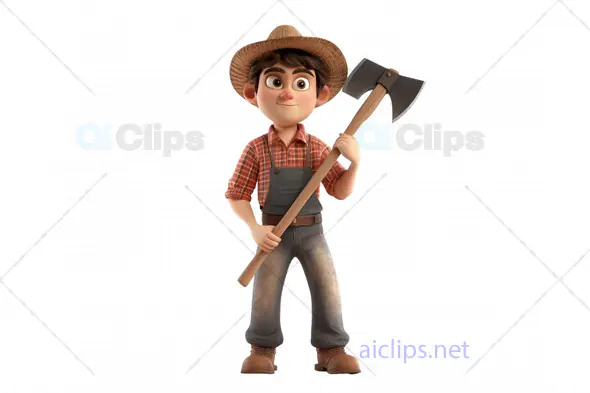 3D Young Farmer with Axe in Straw Hat