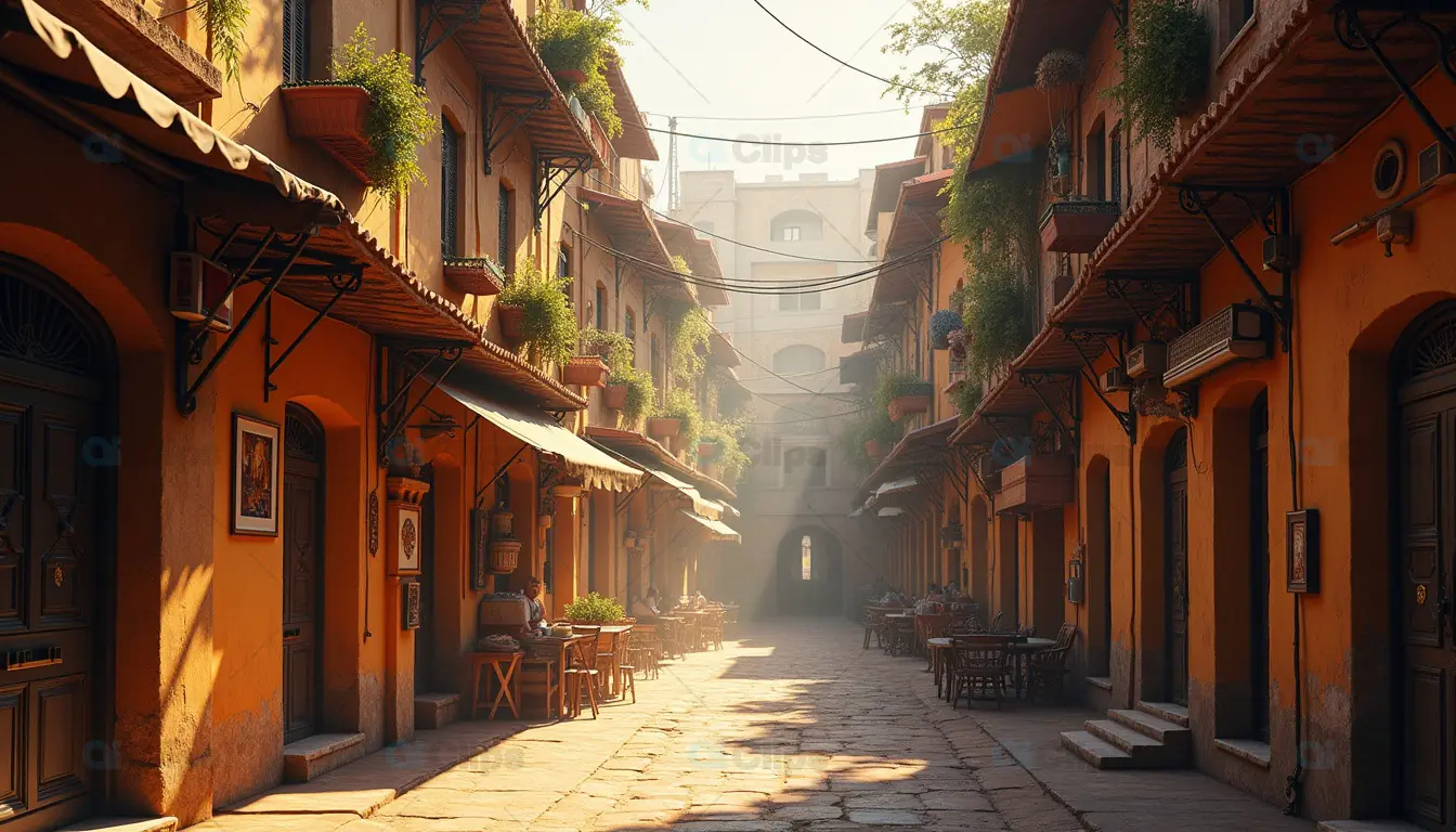 Charming Narrow Street with Cafes and Balconies