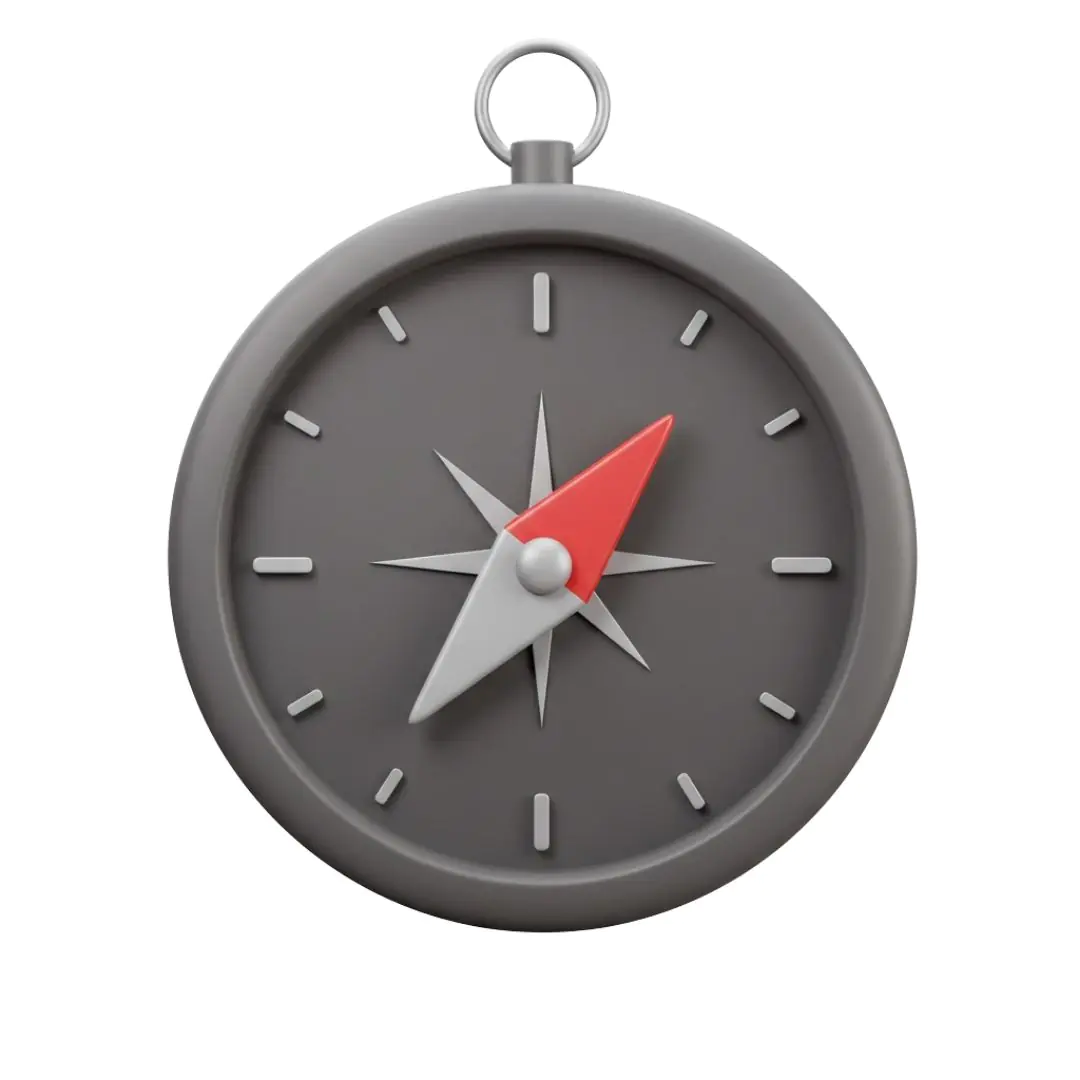 Sleek gray compass with red arrow on blue background