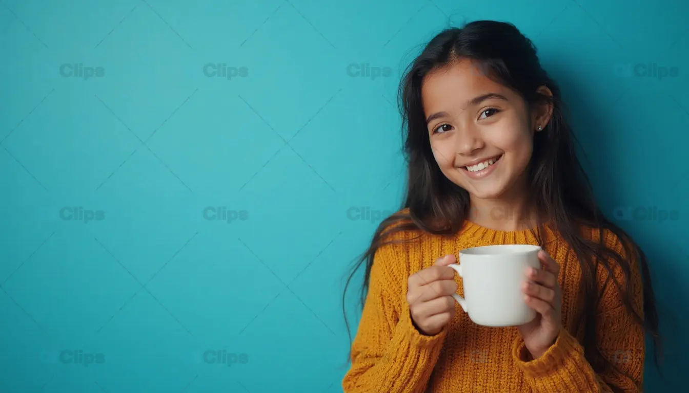 Smiling Girl with Mug in Yellow Sweater