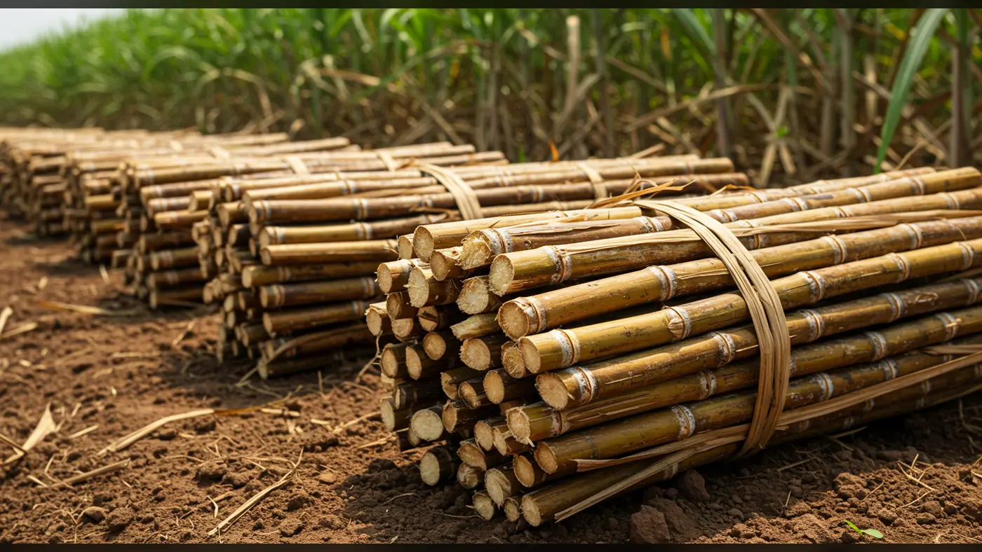 Stacked Sugarcane Bundles in Field Closeup | AIClips Indian Agriculture Stock