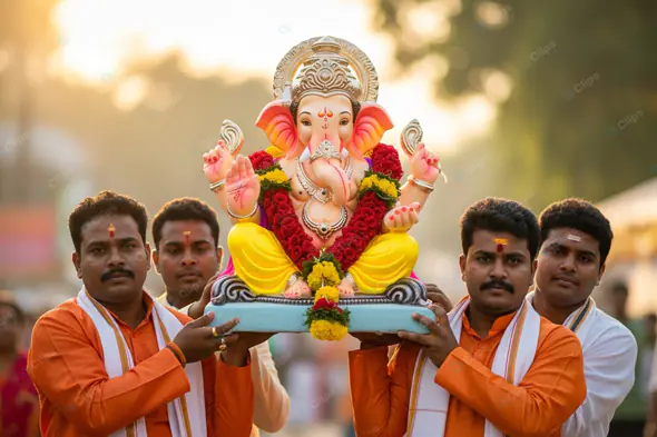 Vibrant Ganesha Idol Carried in Procession