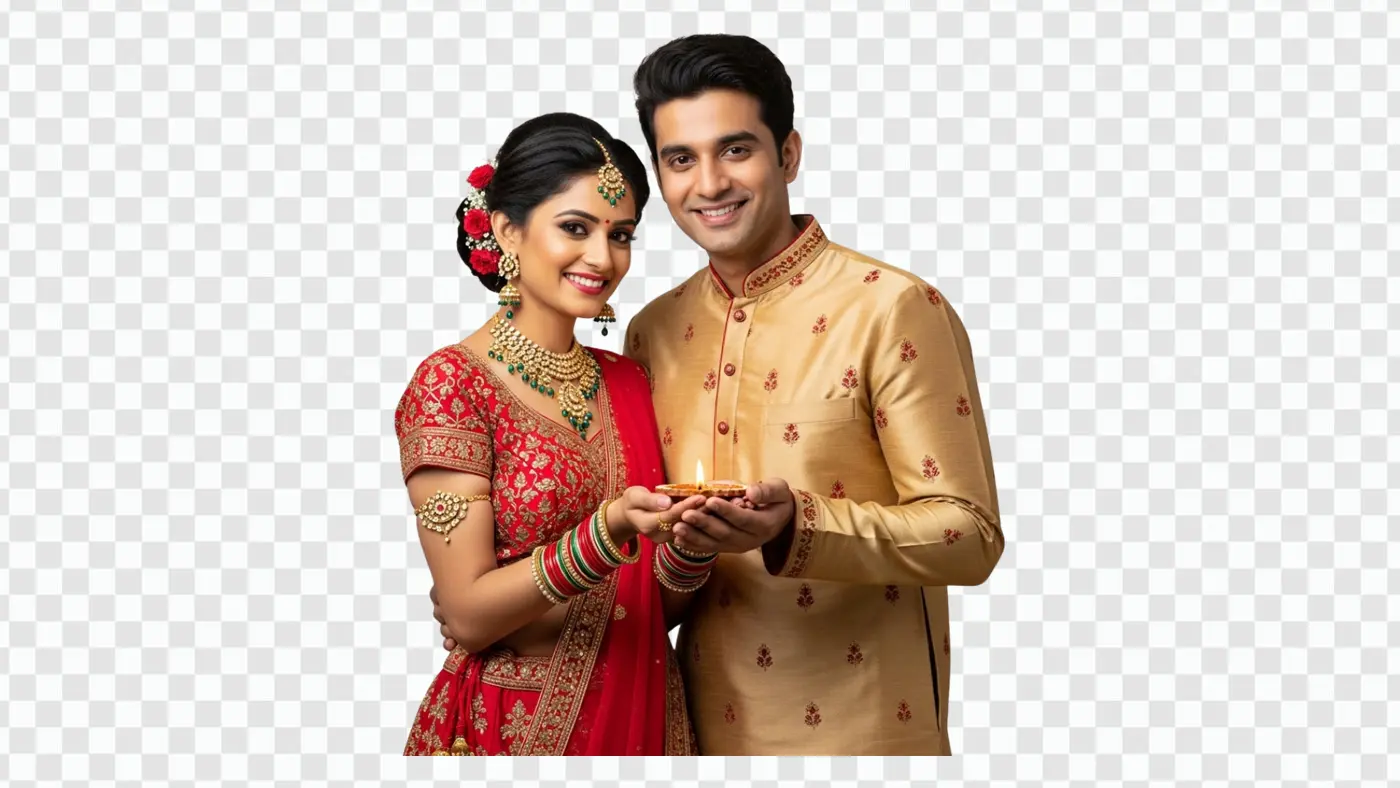 Traditional Indian Couple Holding Festival Diya Lamp PNG