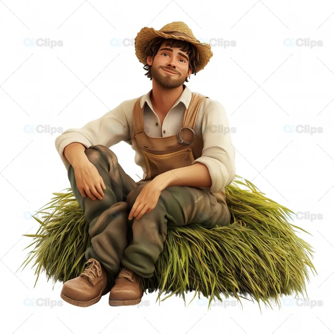 3D Relaxed Farmer Sitting on Grass