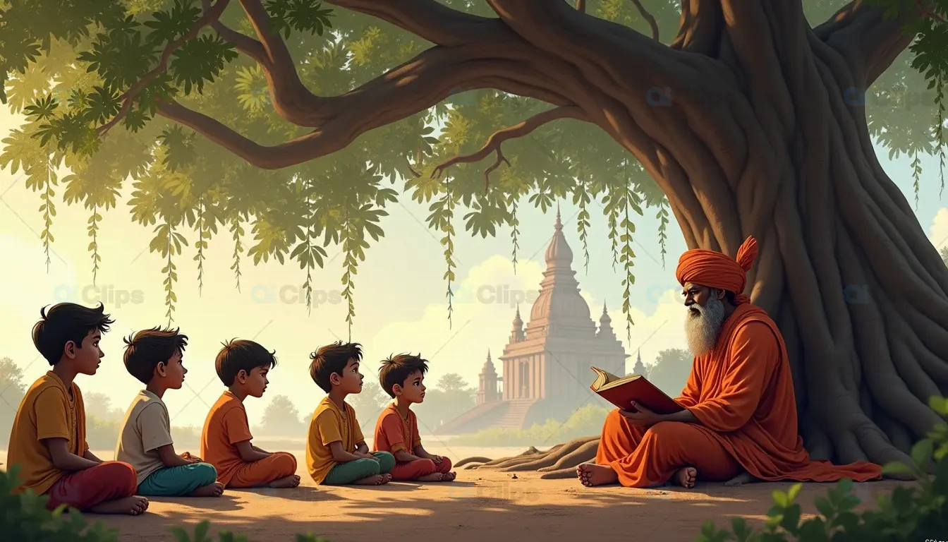 Traditional Indian Spiritual Teaching - Guru and Children under a Banyan Tree