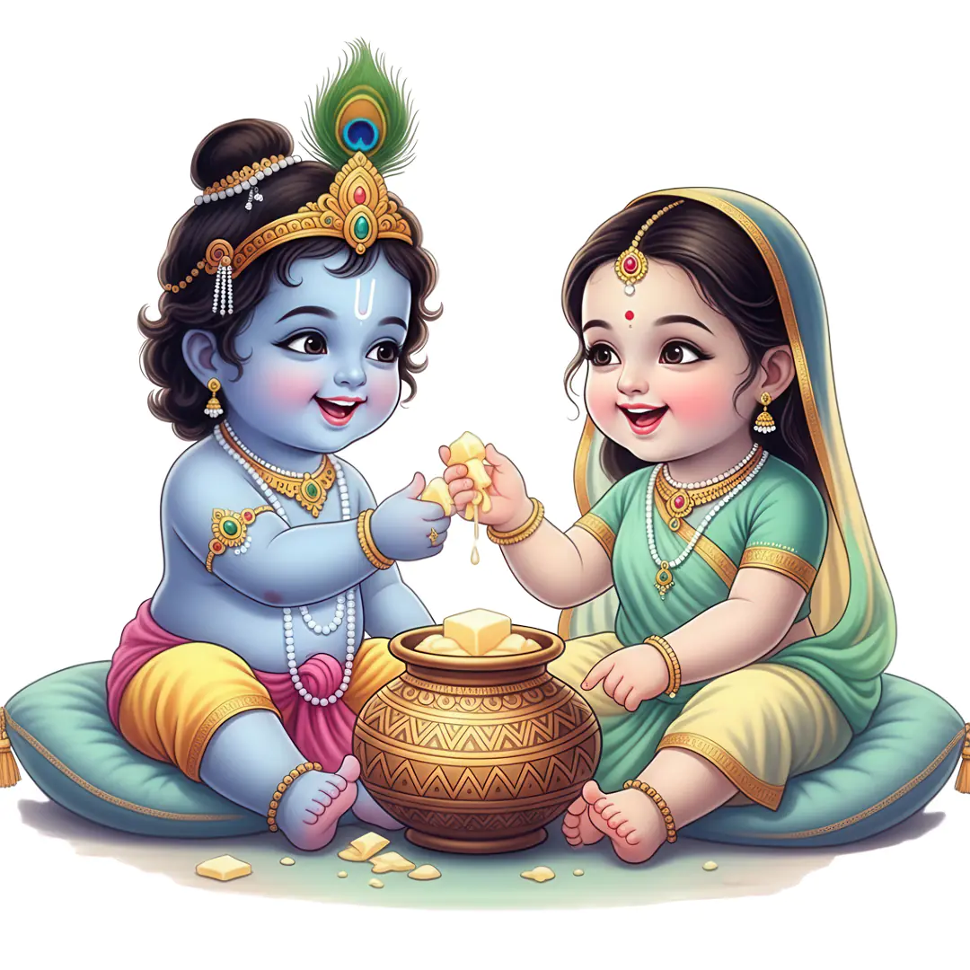 Baby Krishna and Radha Sharing Butter PNG