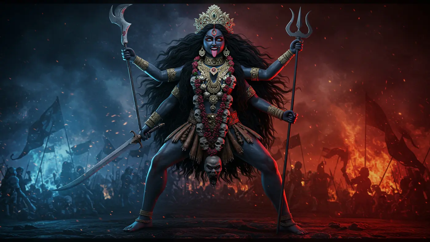 Goddess Kali-Inspired Fierce Warrior Woman with Trident and Skull Garland | AIClips Spiritual Thumbn