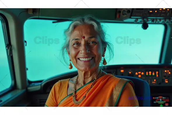 Senior Woman in Saree Smiling in Cockpit