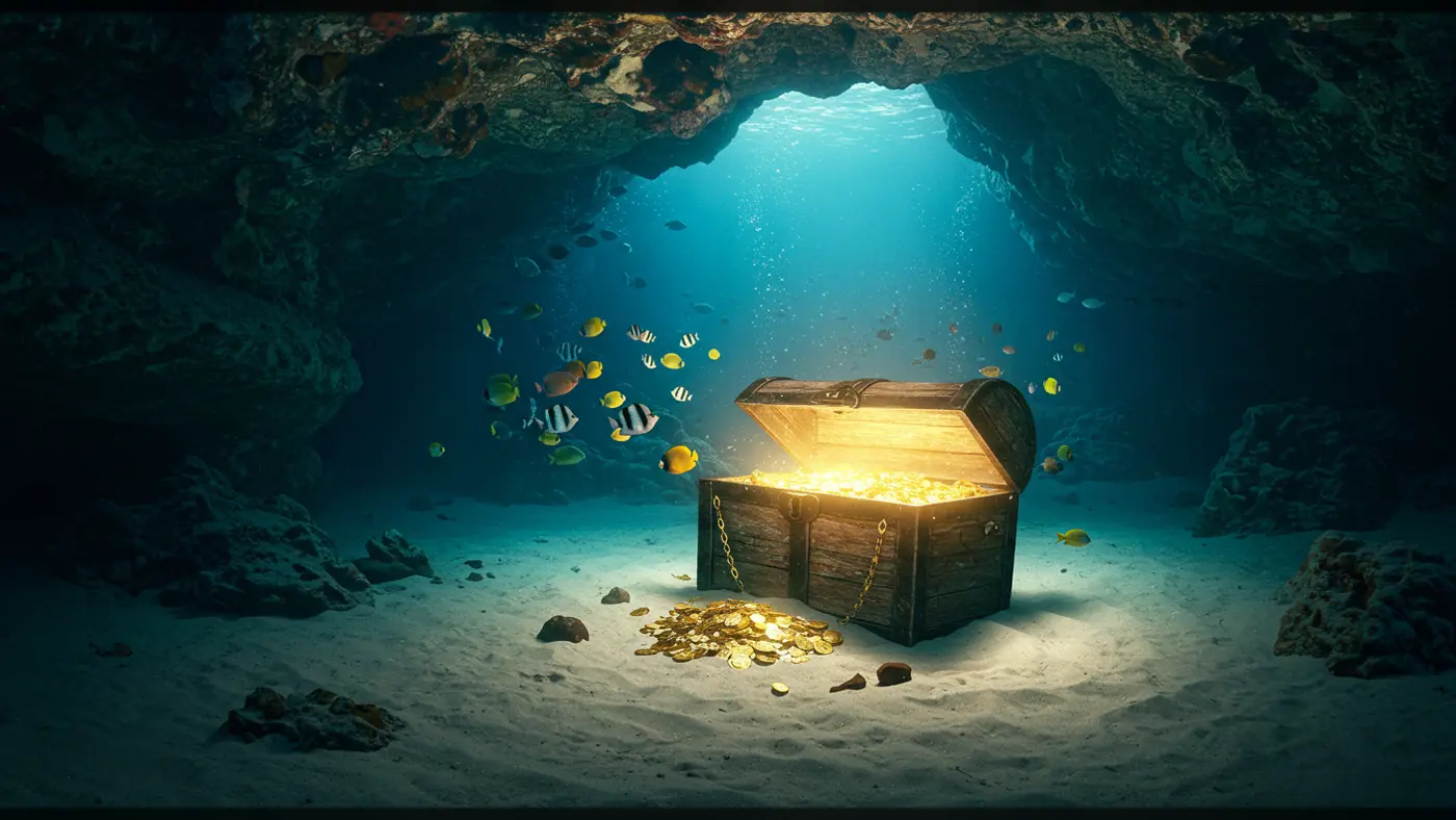 Underwater Cave with Glowing Treasure Chest and Tropical Fish