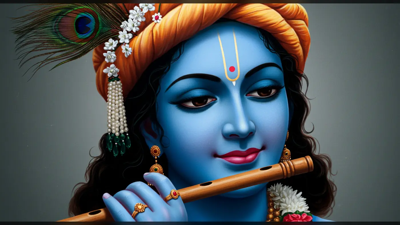 Elegant Lord Krishna Playing Flute – Divine Close-Up with Floral Turban