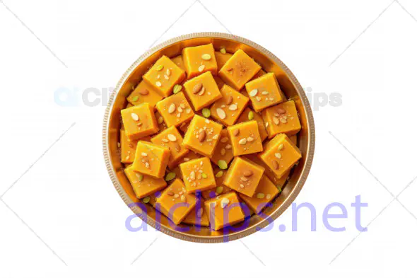 3D Indian Mango Burfi Cubes in Traditional Serving Plate
