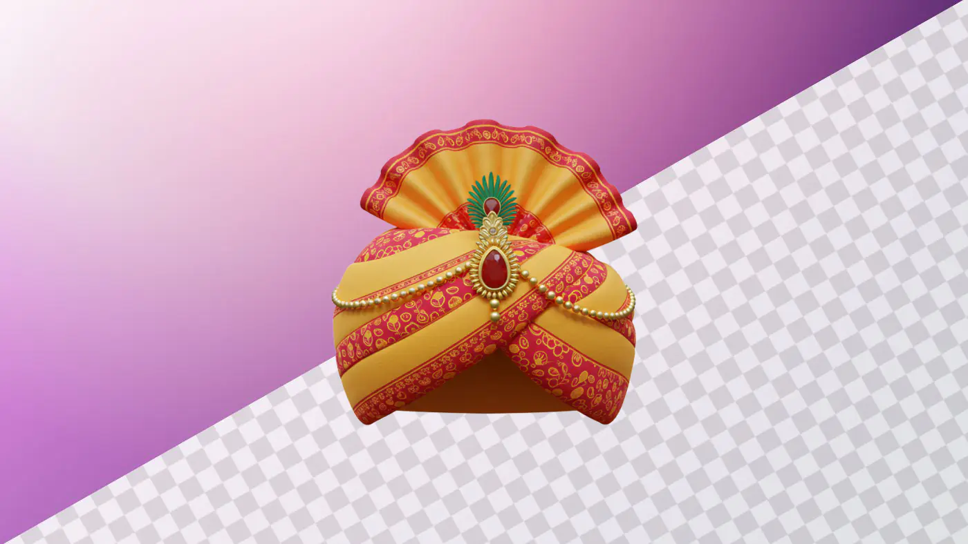 Ornate Indian wedding turban with fan decoration