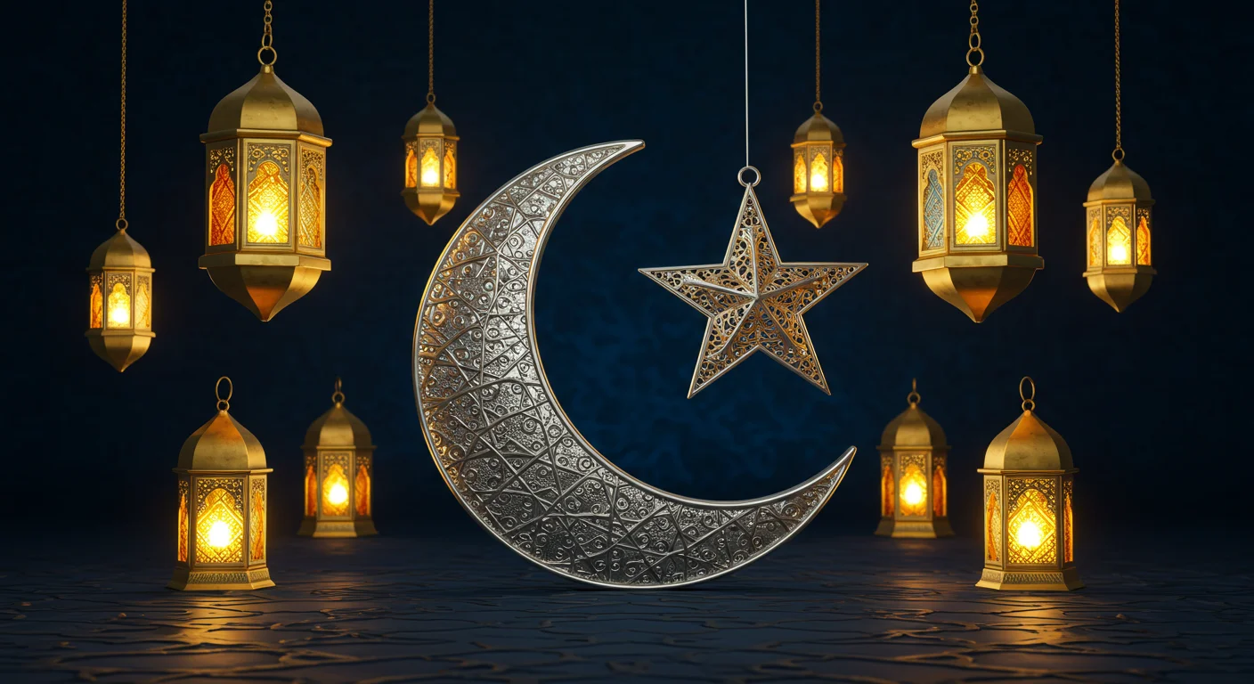 Elegant Eid Lanterns with Crescent Moon & Star Design | AIClips Ramadan Decor Visual