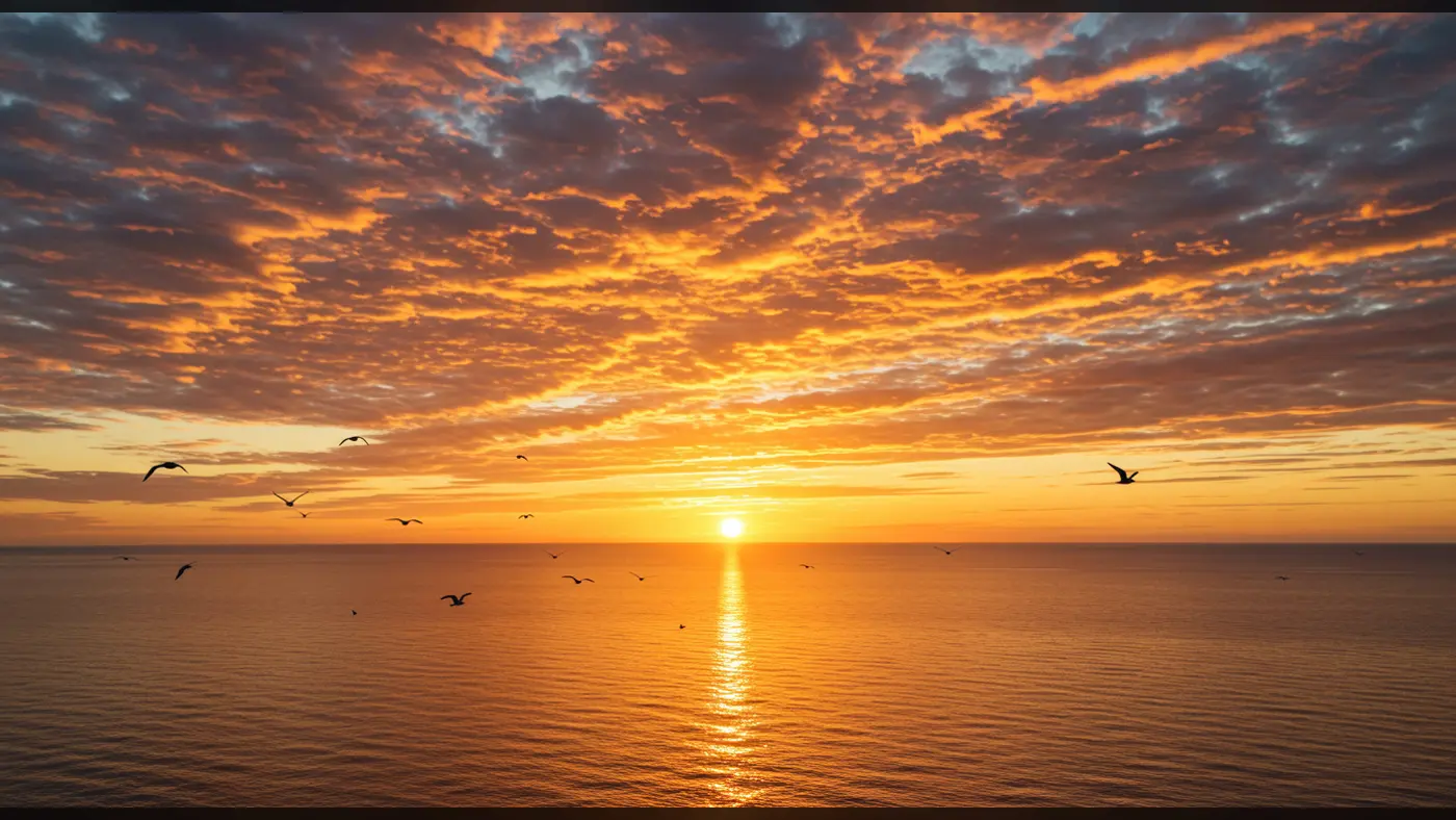 Golden Sunrise Over Calm Ocean with Birds – Nature Background