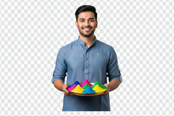 Smiling Indian Man Holding Holi Color Plate PNG Clipart